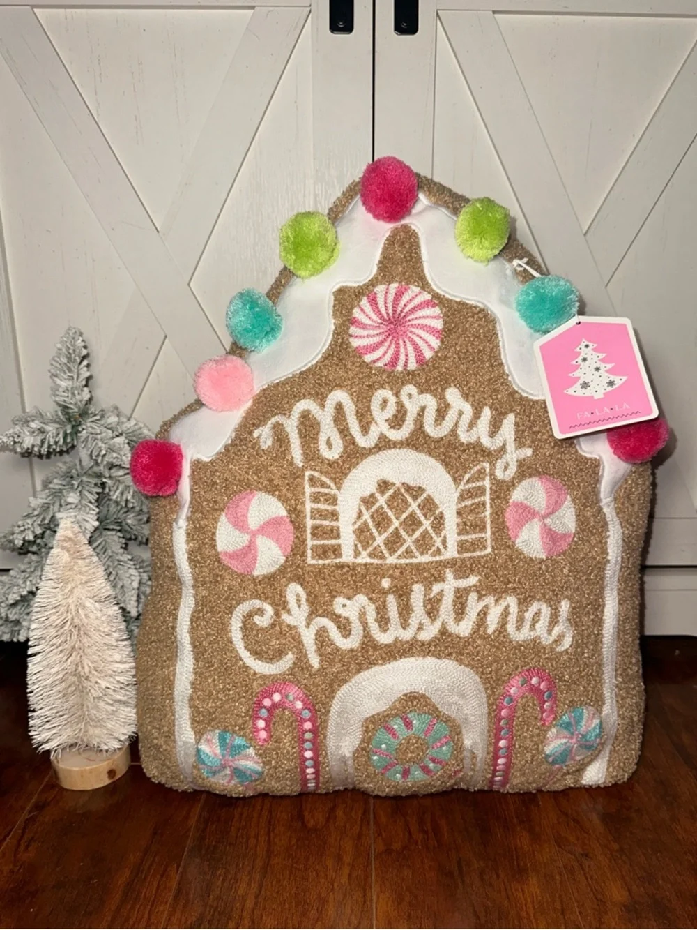 Pastel Gingerbread House “Merry Christmas” Decorative Pillow